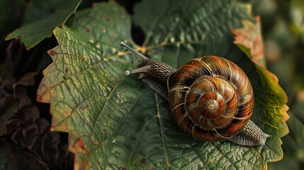 A snail with a brown shell crawling on a large green grape leaf, creating a contrast between the textures of the shell and the leaf