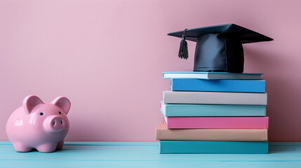 Wall Mural - Stack of multicolour books, black graduation cap and piggy bank over pink backdrop. Student loan and college savings concept