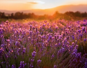 Wall Mural - A field of lavender flowers in full bloom, bathed in the warm glow of the setting sun