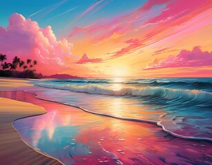 A vibrant painting depicting a beach scene with pink and yellow hues dominating the sky and water, evoking a warm sunset ambiance