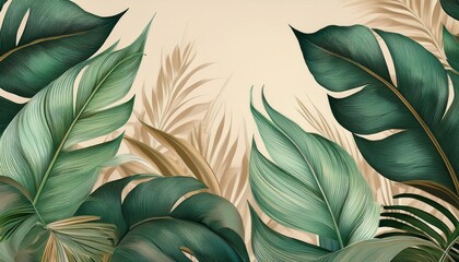 Poster - a digital illustration of green tropical leaves on a light beige background