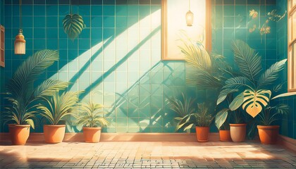 Poster - A digital illustration of a sunlit room with teal tile walls and potted tropical plants