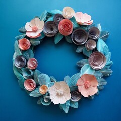 Poster - A wreath made out of paper flowers on a blue background