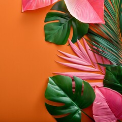 Wall Mural - Green and pink tropical leaves on an orange background