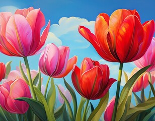 Wall Mural - A painting depicting vibrant red and pink tulips against a clear blue sky