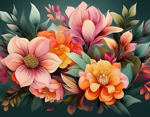 Wall Mural - A digital illustration of a bouquet of flowers featuring pink, orange, and yellow blooms with green leaves