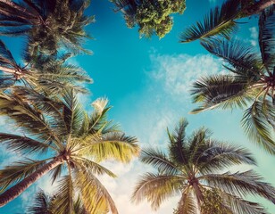 Blue sky and palm trees view from below, vintage style, tropical beach and summer background, travel concept, generative ai