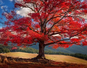 Wall Mural - A majestic tree, adorned with vibrant red leaves, sways gracefully in the wind.