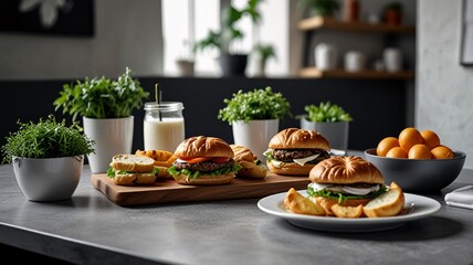 Set 3 burgers made from bread, cheese, meat, salad, healthy, natural style, plants, trees.