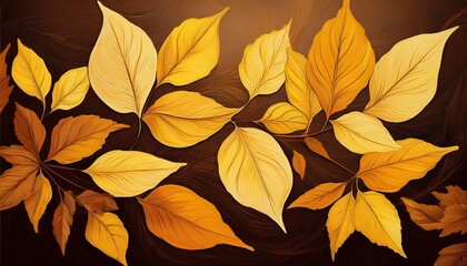 Sticker - A painting depicting vibrant yellow leaves against a rich brown background, showcasing the beauty of autumn foliage.