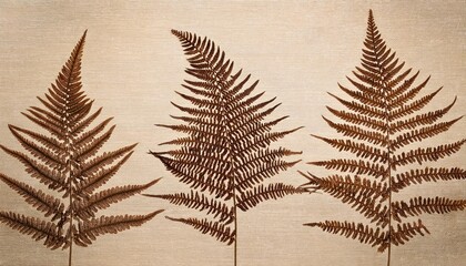 A close-up image of three brown fern silhouettes printed on a beige, textured background