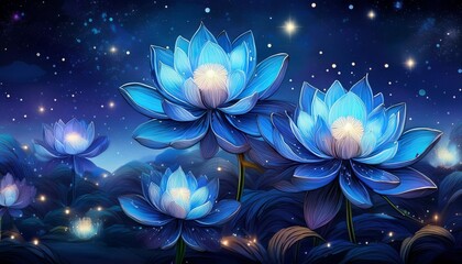 Poster - A digital illustration of blue lotus flowers blooming under a starry night sky