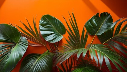 Wall Mural - A close-up image of tropical plant leaves against a vibrant orange wall