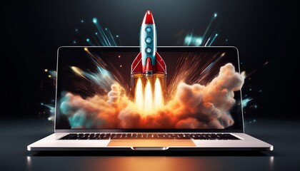 Wall Mural - A laptop with a rocket emerging from the screen, symbolizing a startup concept, against a black background.