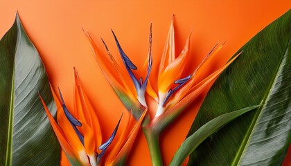 Wall Mural - Orange Bird of Paradise flowers and green leaves on a vibrant orange background