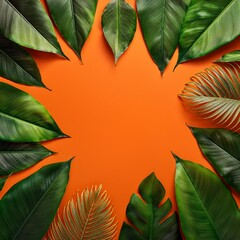 Canvas Print - A vibrant orange background with lush green tropical leaves arranged around the edges, creating a natural frame