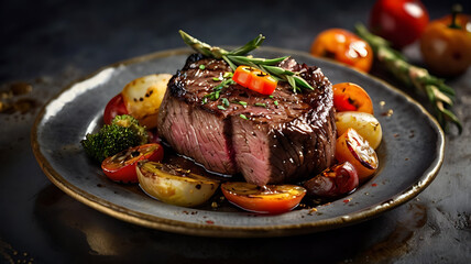 High-resolution, close-up image of a gourmet dish featuring a perfectly cooked medium-rare steak as the central subject.