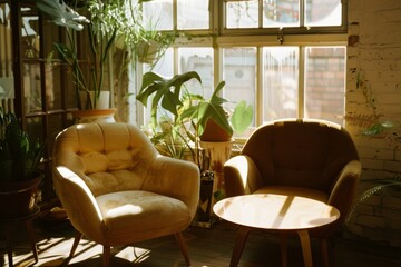 Cozy room with sunlight streaming through large windows, two armchairs, and lush green plants, creating a warm and inviting atmosphere perfect for relaxation.