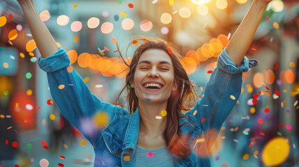 Wall Mural - A photograph of a joyful woman celebrating, colorful confetti falling around her, arms raised in excitement