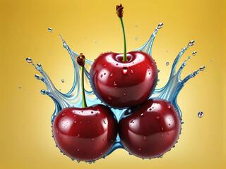 Wall Mural - Three cherries splashing in water on yellow background.