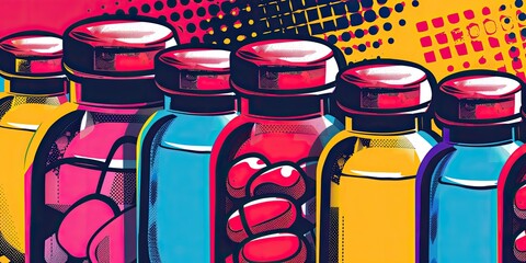 Wall Mural - Colorful bottles with pills in a retro style.