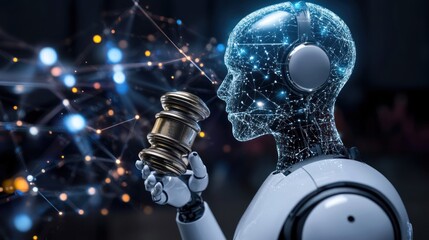 AI Robot Holding a Gavel with a Digital Network Background