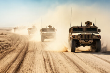 a convoy of military vehicles crosses a dusty desert with determination and grit, creating billowing