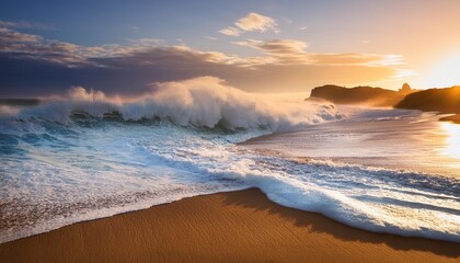 Wall Mural - big sea waves on a sandy beach at sunset