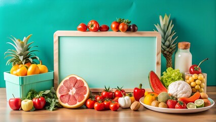 Fresh fruits and vegetables arranged neatly on a table with an empty board in the middle. Tomatoes, grapefruits, strawberries, lemons, limes, pineapples, lettuce, milk