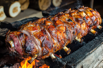 Exquisite Peruvian roasted pig with succulent crispy skin rotating on an open flame grill exuding smoky aroma and flavor perfection in every bite!