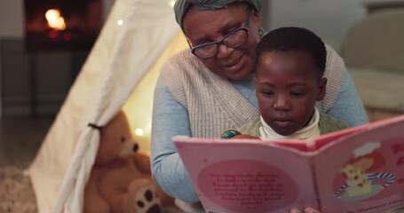 Poster - Home, grandmother and a child reading a book for learning language, education and development. African woman and kid at a fort with a story at night for bonding, family time and teaching with love