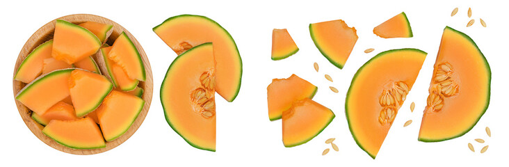 Wall Mural - Cantaloupe melon pieces in wooden bowl isolated on white background with full depth of field. Top view. Flat lay