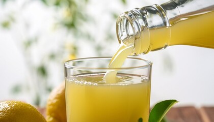 Wall Mural - lemon juice is poured into a glass with a glass bottle