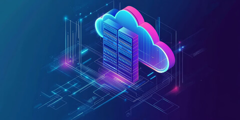 Wall Mural - Isometric cloud storage for downloading, representing a digital service or application facilitating data transmission. 