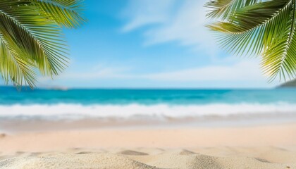 Wall Mural - sandy beach with palm leaves and blue waves blurred background summer vacation in the natural beauty of a tropical paradise