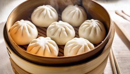 Wall Mural - homemade raw dim sum buns ready to cook in bamboo steamer