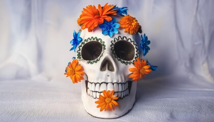 Wall Mural - a white skull decorated with orange and blue flowers