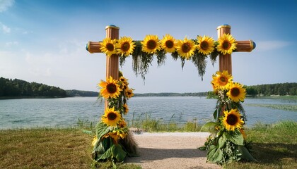 Poster - wooden arch decorated with sunflowers and greenery by a lake