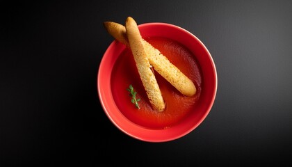 two croutons or breadsticks on cut red bell peppers with tomato soup puree on a black background