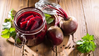 Wall Mural - rustic homemade pickled beets in jars with fresh herbs and spices on wooden table