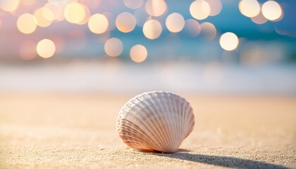 Wall Mural - small seashell on the beach with blurred sof sea and bokeh background