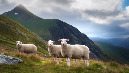 sheep in the mountains on a cloudy day mountain landscape