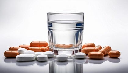 Glass of water and pills isolated on white background