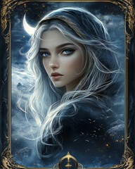 Wall Mural - Beautifully illustrated single tarot card depicting a photorealistic beautiful lunar witch looking at the viewer amongst cloudy and stormy night sky. Various blue shades,