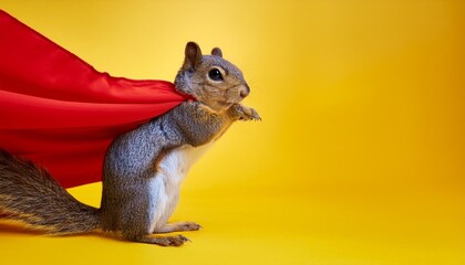 squirrel in superhero cape over yellow background generative ai