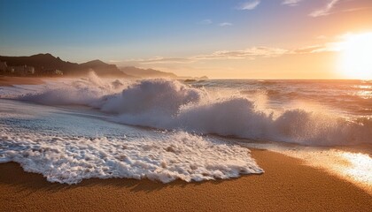 Sticker - waves crashing onto a sandy beach at sunset