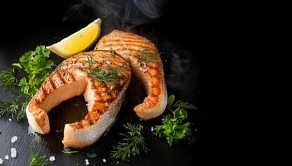 Wall Mural - grilled salmon fillets sprinkled with fresh herbs and lemon juice on a black background