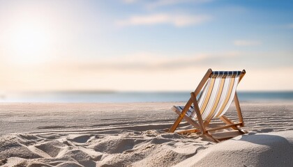 Poster - a traditional style striped deckchair sits on a sandy beach space for copy