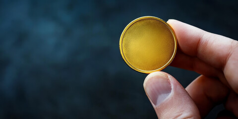  hand holding a blank gold coin on dark background. concept for cryptocurrency, investment, and wealth 