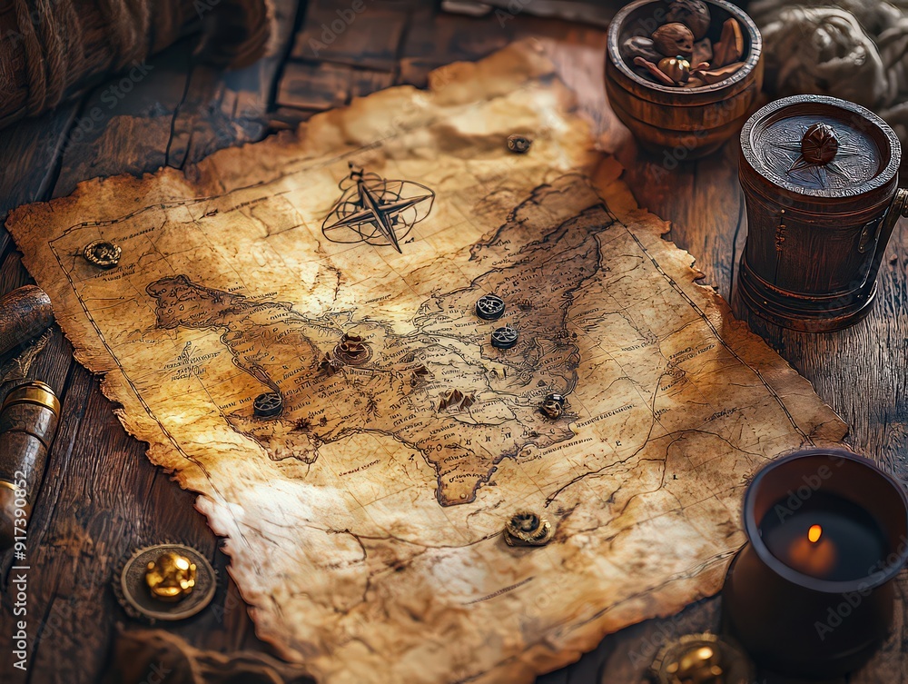 vintage style treasure map with a marked route, hidden treasures, and cryptic symbols, evoking